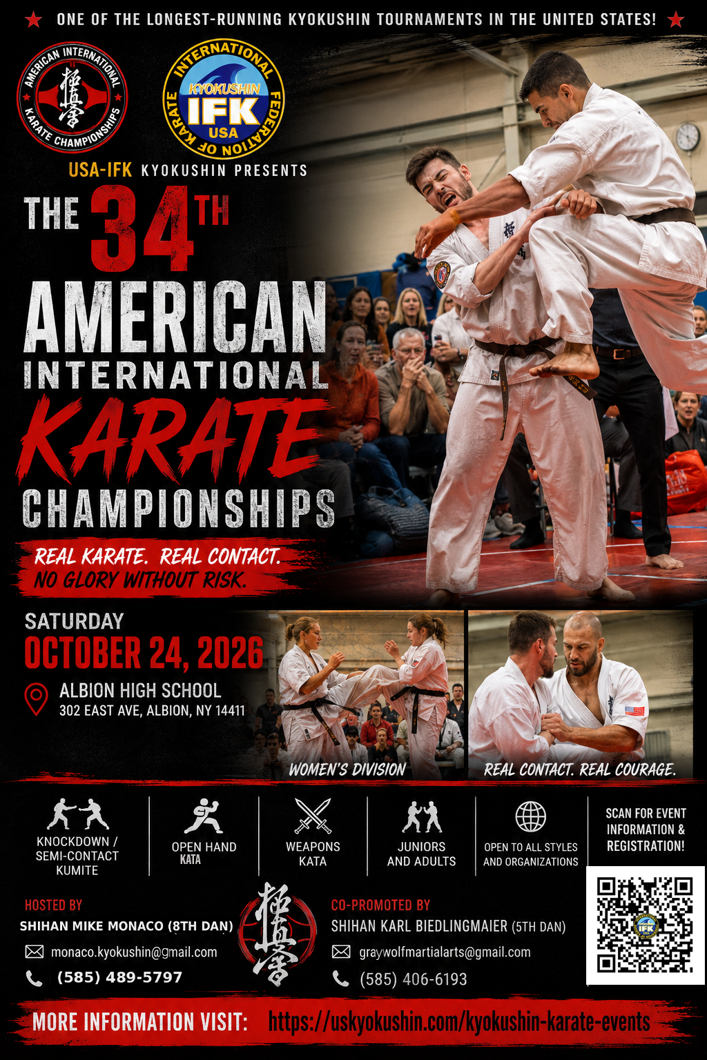 34th American International Karate Championships (AIKC) flyer for October 24, 2026, in Albion, New York