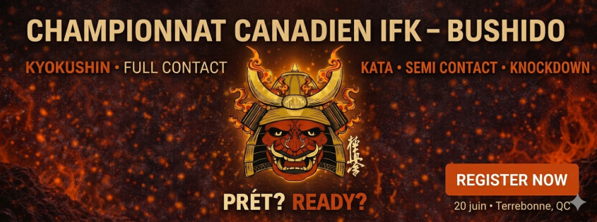 IFK Canadian Championship – Bushido 2026 banner for Kyokushin tournament in Terrebonne, Quebec.