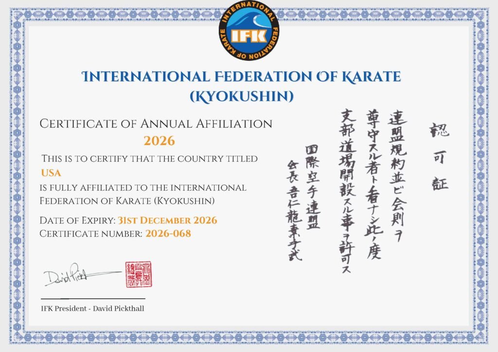2026 International Federation of Karate (Kyokushin) annual affiliation certificate confirming USA-IFK membership.